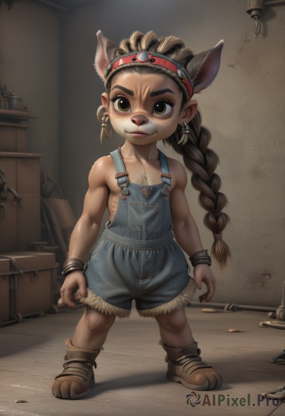 1girl,solo,long hair,looking at viewer,smile,brown hair,1boy,animal ears,brown eyes,jewelry,closed mouth,green eyes,standing,full body,braid,male focus,hairband,earrings,boots,indoors,dark skin,necklace,bracelet,single braid,muscular,wristband,child,furry,furry female,female child,overalls,male child,deer ears,naked overalls,bare shoulders,collarbone,small breasts,shoes,pointy ears,flat chest,gun,headband,brown footwear,thick eyebrows,extra ears,freckles,muscular female,dirty,brown fur,wrench,screw,overall shorts