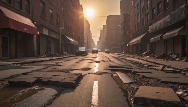 outdoors,sky,no humans,window,sunlight,ground vehicle,building,scenery,motor vehicle,sunset,city,sign,sun,car,road,power lines,lamppost,street,utility pole,truck,real world location,cloud,signature,shadow,lens flare,evening,debris,crosswalk,vanishing point