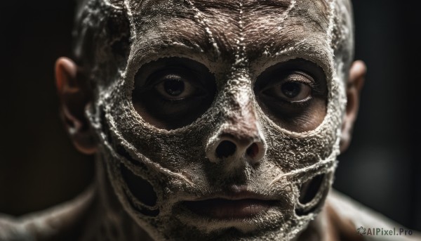 solo,looking at viewer,simple background,1boy,closed mouth,male focus,blurry,black eyes,mask,black background,portrait,realistic,black hair,facial hair,parody,close-up,bald