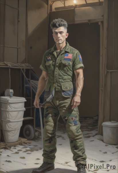 solo,looking at viewer,shirt,black hair,1boy,holding,brown eyes,standing,full body,weapon,male focus,boots,shoes,pants,indoors,black footwear,uniform,military,blood,military uniform,pocket,realistic,camouflage,dirty,american flag,soldier,patch,flashlight,combat boots,camouflage pants,short hair,closed mouth,jacket,short sleeves,grey hair,multicolored hair,belt,vest,torn clothes,leaf,trash can