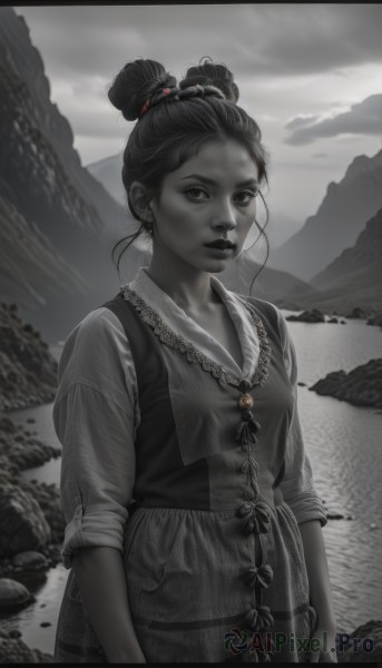 1girl,solo,breasts,looking at viewer,shirt,hair ornament,long sleeves,jewelry,closed mouth,standing,monochrome,greyscale,cowboy shot,earrings,outdoors,parted lips,sky,cloud,signature,water,necklace,hair bun,vest,bracelet,lips,eyelashes,cloudy sky,sleeves rolled up,spot color,rock,mountain,realistic,nose,mountainous horizon,sleeves past elbows,grey sky,black hair,dress,upper body,artist name,watermark,single hair bun,letterboxed