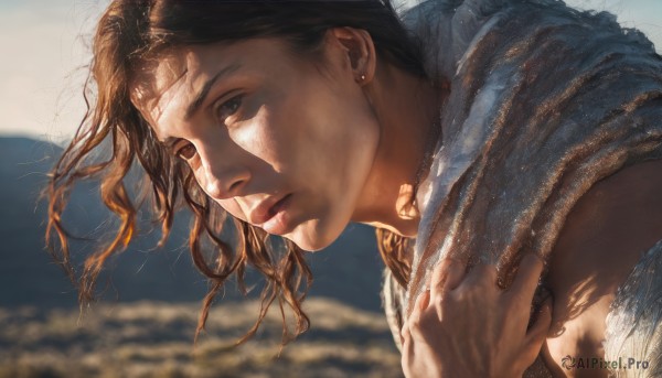 1girl,solo,long hair,brown hair,brown eyes,jewelry,closed mouth,upper body,earrings,outdoors,sky,day,scarf,blurry,lips,floating hair,depth of field,blurry background,sunlight,towel,wind,portrait,realistic,nose,looking at viewer,black hair,1boy,male focus