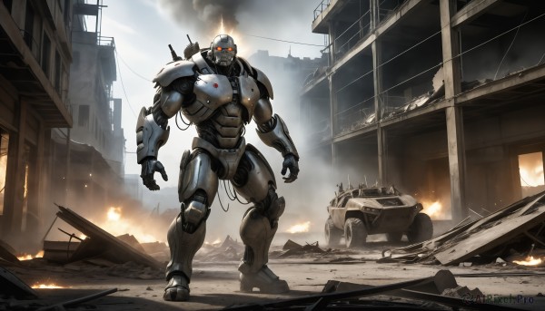 HQ,solo,1boy,standing,outdoors,sky,armor,military,no humans,glowing,fire,robot,ground vehicle,building,mecha,motor vehicle,smoke,science fiction,city,realistic,military vehicle,car,cable,ruins,tank,damaged,debris,destruction,rubble,radio antenna,truck,weapon,cloud,glowing eyes,power lines,dust