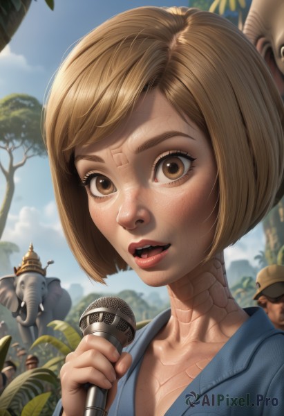 1girl,breasts,looking at viewer,smile,short hair,open mouth,bangs,blonde hair,brown hair,1boy,hat,holding,cleavage,brown eyes,collarbone,upper body,:d,outdoors,multiple boys,sky,teeth,solo focus,day,artist name,signature,blurry,tree,blue sky,lips,eyelashes,blurry background,swept bangs,upper teeth only,bob cut,blue shirt,plant,portrait,microphone,freckles,realistic,nose,palm tree,music,bald,holding microphone,singing,solo,parted lips,cloud,2boys