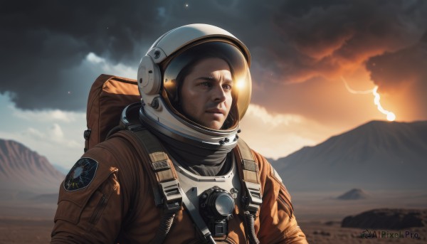 solo,1boy,brown eyes,upper body,male focus,outdoors,sky,cloud,signature,bag,facial hair,backpack,helmet,cloudy sky,science fiction,sunset,mountain,realistic,sun,spacesuit,astronaut,blue eyes,brown hair,jacket,fire,scenery,emblem,american flag