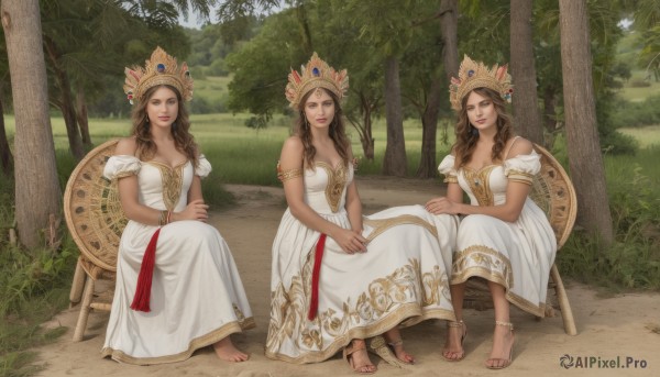 long hair,breasts,looking at viewer,smile,multiple girls,brown hair,dress,cleavage,bare shoulders,brown eyes,jewelry,medium breasts,sitting,outdoors,barefoot,puffy sleeves,3girls,white dress,high heels,bracelet,tree,toes,chair,sandals,grass,tiara,crown,nature,armlet,forest,realistic,anklet,hair ornament,braid,twin braids,feet,barefoot sandals