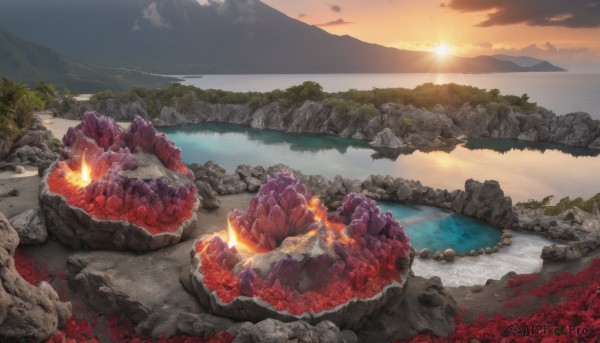 A unique view of a landscape in sunset outdoors