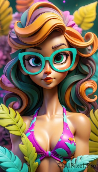 1girl,solo,long hair,breasts,looking at viewer,blush,smile,brown hair,hair ornament,cleavage,bare shoulders,medium breasts,closed mouth,green eyes,collarbone,swimsuit,upper body,flower,bikini,multicolored hair,small breasts,wings,glasses,artist name,hair flower,orange hair,blurry,two-tone hair,aqua eyes,lips,eyelashes,makeup,depth of field,watermark,wavy hair,feathers,lipstick,bikini top only,multicolored clothes,eyeshadow,personification,freckles,curly hair,pink lips,round eyewear,pink bikini,blue-framed eyewear,blue eyes,blonde hair,leaf,plant