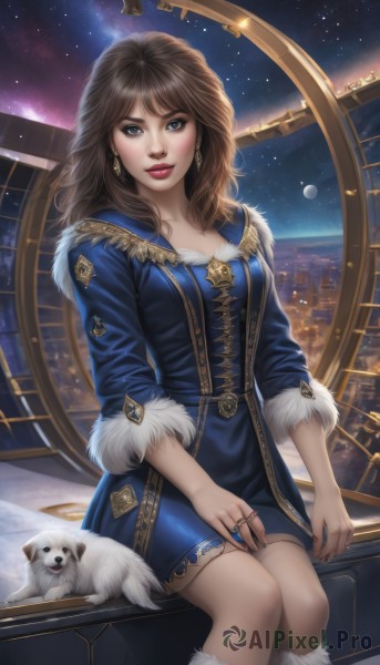 1girl,solo,long hair,breasts,looking at viewer,smile,blue eyes,brown hair,dress,jewelry,medium breasts,sitting,earrings,boots,sky,lips,coat,fur trim,window,makeup,night,blue dress,animal,short dress,moon,ring,knee boots,lipstick,star (sky),night sky,starry sky,dog,city,red lips,cityscape,fur-trimmed boots,city lights,blush,bangs,brown eyes,parted lips,belt,artist name,watermark,web address,pink lips,realistic,nose,blue coat