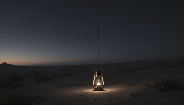 solo,outdoors,sky,no humans,night,grass,star (sky),night sky,scenery,starry sky,lantern,horizon,light,dark,holding lantern,sunset,sand