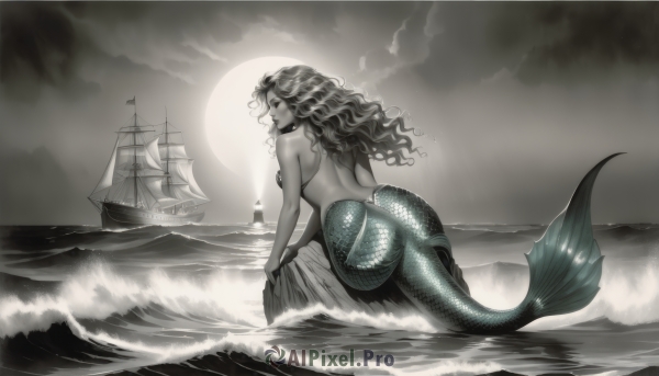 1girl,solo,long hair,breasts,looking at viewer,large breasts,medium breasts,monochrome,ass,greyscale,nude,outdoors,sky,looking back,cloud,water,from behind,completely nude,sideboob,ocean,back,wavy hair,moon,cloudy sky,monster girl,curly hair,rock,sun,scales,watercraft,mermaid,head fins,ship,waves,boat,smile,jewelry,sitting,closed mouth,full body,lips,arm support,watermark,web address,full moon,shell,fins,grey sky