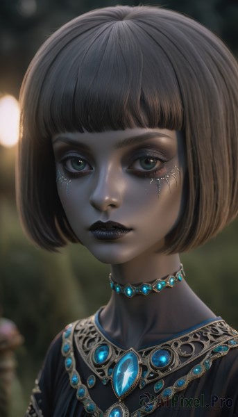 1girl,solo,looking at viewer,short hair,bangs,brown hair,black hair,dress,jewelry,green eyes,upper body,teeth,choker,artist name,blunt bangs,necklace,blurry,lips,eyelashes,makeup,depth of field,blurry background,facial mark,bob cut,lipstick,gem,portrait,eyeshadow,nose,grey skin,mascara,black lips,closed mouth,watermark,realistic,eyeliner,facepaint,neck ring,blue lips