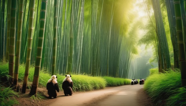 outdoors,day,no humans,animal,sunlight,grass,nature,scenery,forest,dog,light rays,bamboo,bamboo forest,tree,bird,bear,panda,tanuki