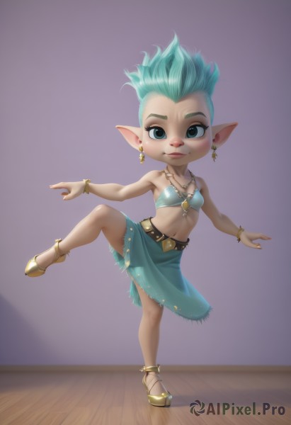 1girl,solo,breasts,looking at viewer,smile,short hair,blue eyes,skirt,navel,bare shoulders,jewelry,closed mouth,blue hair,standing,full body,earrings,small breasts,green hair,pointy ears,midriff,belt,necklace,bracelet,aqua eyes,see-through,aqua hair,leg up,sandals,standing on one leg,bikini top only,furry,purple background,wooden floor,anklet,furry female,dancing,dancer,high heels,spiked hair,yellow footwear,aqua skirt