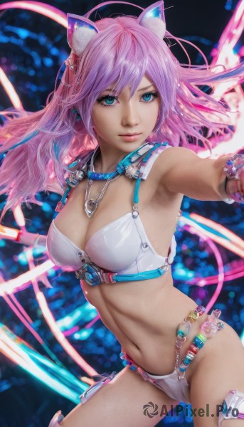 1girl,solo,long hair,breasts,looking at viewer,smile,blue eyes,large breasts,navel,animal ears,cleavage,jewelry,medium breasts,swimsuit,pink hair,bikini,multicolored hair,cat ears,armpits,necklace,aqua eyes,lips,fake animal ears,white bikini,realistic,bikini armor,bangs,closed mouth,cowboy shot