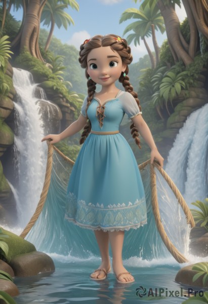 1girl,solo,long hair,breasts,looking at viewer,smile,blue eyes,brown hair,hair ornament,dress,holding,twintails,brown eyes,jewelry,closed mouth,standing,collarbone,full body,braid,short sleeves,earrings,small breasts,outdoors,sky,day,artist name,cloud,dark skin,water,twin braids,dark-skinned female,tree,blue sky,puffy short sleeves,lips,toes,blue dress,watermark,sandals,plant,rope,nature,wading,freckles,palm tree,waterfall,flower,puffy sleeves,signature,sash,brown footwear,grass,child,forest,curly hair,rock,skirt hold,aqua dress