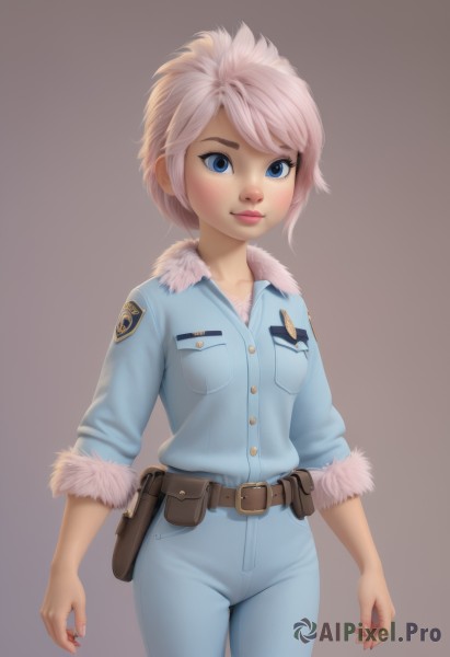 1girl,solo,breasts,looking at viewer,short hair,blue eyes,simple background,shirt,closed mouth,standing,collarbone,pink hair,white hair,cowboy shot,belt,pants,artist name,uniform,lips,fingernails,fur trim,eyelashes,makeup,buttons,swept bangs,blue shirt,lipstick,sleeves rolled up,brown background,pocket,pouch,nose,arms at sides,blue pants,brown belt,breast pocket,badge,belt pouch,jumpsuit,blush,smile,freckles