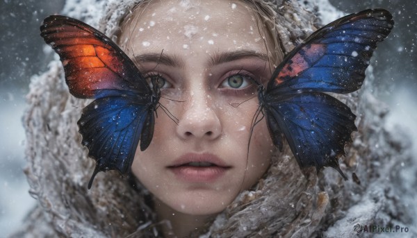 1girl, solo, looking at viewer, parted lips, blurry, lips, bug, butterfly, portrait, snow, snowing, realistic, nose, blue butterfly