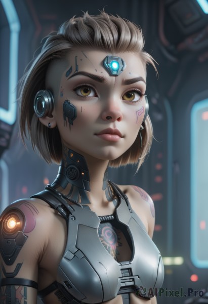 1girl,solo,breasts,looking at viewer,short hair,brown hair,bare shoulders,brown eyes,jewelry,closed mouth,upper body,earrings,small breasts,blurry,lips,tattoo,blurry background,facial mark,forehead,freckles,science fiction,nose,android,stud earrings,cable,cyborg,robot joints,cyberpunk,mechanical parts,yellow eyes,eyelashes,makeup,glowing,backlighting,eyeliner,facepaint,hologram