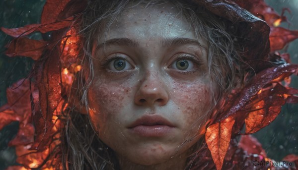 1girl,solo,looking at viewer,closed mouth,green eyes,grey hair,outdoors,blurry,lips,wet,grey eyes,eyelashes,depth of field,blurry background,looking up,portrait,close-up,freckles,rain,realistic,nose,short hair,bangs,black hair,brown eyes,leaf,expressionless,water drop