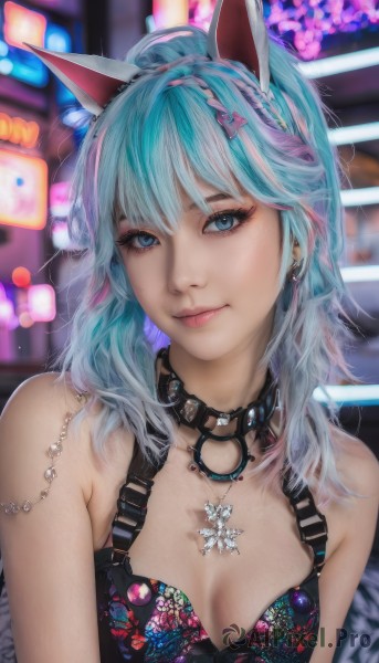 1girl,solo,long hair,breasts,looking at viewer,smile,bangs,blue eyes,hair ornament,animal ears,cleavage,bare shoulders,jewelry,medium breasts,closed mouth,blue hair,upper body,ponytail,pink hair,multicolored hair,earrings,small breasts,choker,cat ears,necklace,blurry,collar,two-tone hair,lips,streaked hair,head tilt,eyelashes,aqua hair,makeup,blurry background,fake animal ears,piercing,eyeshadow,pink lips,realistic,nose,underwear,braid,heart,artist name,virtual youtuber,bra,depth of field,black choker,black bra,ear piercing