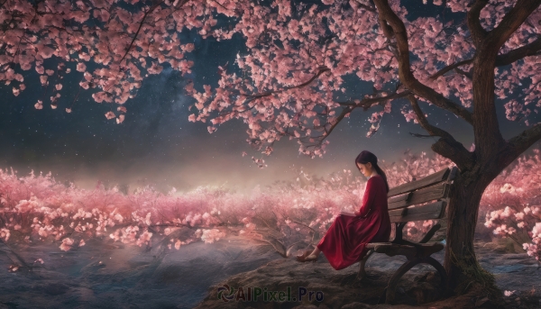 1girl, solo, long hair, black hair, dress, sitting, closed eyes, outdoors, sky, barefoot, water, tree, night, red dress, cherry blossoms, star (sky), night sky, scenery, starry sky, bench