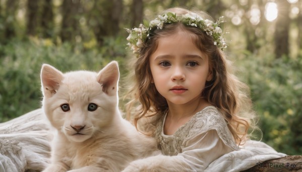 1girl,solo,long hair,looking at viewer,brown hair,dress,brown eyes,closed mouth,upper body,flower,outdoors,white dress,blurry,black eyes,tree,lips,depth of field,blurry background,animal,cat,nature,veil,realistic,head wreath,holding animal,bokeh,long sleeves,parted lips,day,sunlight,portrait