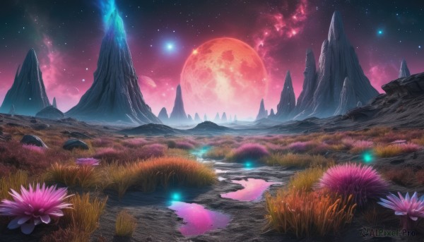 flower,outdoors,sky,cloud,water,no humans,night,glowing,moon,grass,star (sky),nature,night sky,scenery,full moon,pink flower,starry sky,reflection,rock,mountain,fantasy,landscape,mountainous horizon,lake,red moon,purple sky,tree,red sky