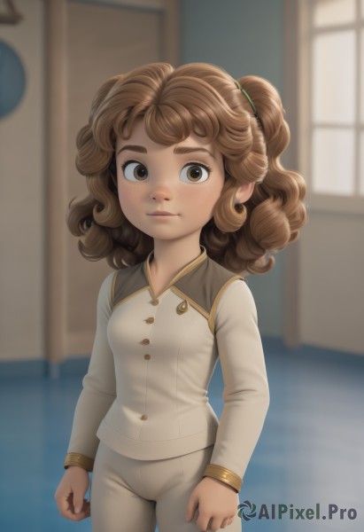 1girl,solo,long hair,breasts,looking at viewer,brown hair,shirt,long sleeves,brown eyes,standing,cowboy shot,small breasts,pants,indoors,medium hair,blurry,lips,buttons,blurry background,child,clenched hands,freckles,curly hair,white pants,arms at sides,female child,blush,artist name,window