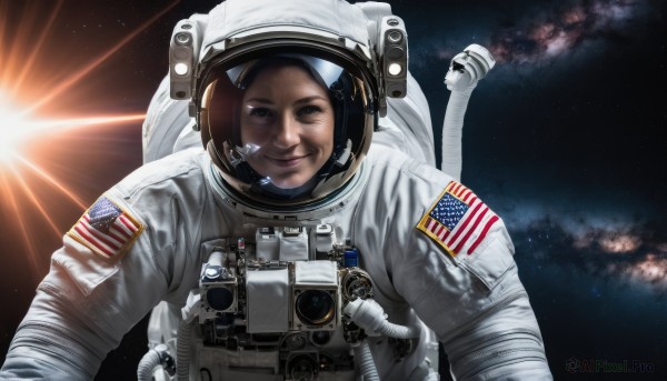 1girl,solo,looking at viewer,smile,brown hair,upper body,helmet,star (sky),science fiction,realistic,sun,space,planet,earth (planet),american flag,spacesuit,japanese flag,united states,astronaut,black hair,brown eyes,lips,reflection,flag print,space helmet,american flag print