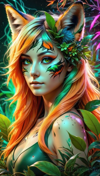 1girl,solo,long hair,breasts,looking at viewer,large breasts,hair ornament,animal ears,cleavage,bare shoulders,jewelry,medium breasts,green eyes,yellow eyes,upper body,flower,multicolored hair,artist name,signature,hair flower,necklace,orange hair,lips,animal ear fluff,fox ears,eyelashes,tattoo,makeup,glowing,leaf,facial mark,plant,lipstick,eyeshadow,nose,eyeliner,whisker markings,facepaint,mascara,bangs,parted lips,watermark,web address,freckles