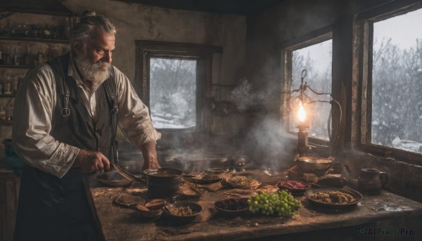 solo,shirt,black hair,long sleeves,1boy,holding,standing,white shirt,white hair,grey hair,male focus,food,collared shirt,indoors,hair bun,apron,vest,tree,window,facial hair,table,steam,beard,snow,plate,bowl,black vest,snowing,mustache,lamp,old,old man,cooking,meat,short hair,cup,fruit,bottle,knife,scenery,realistic,spoon,grapes,lemon