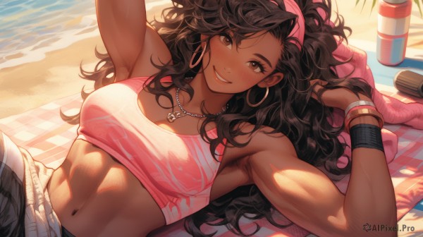 1girl,solo,long hair,breasts,looking at viewer,blush,smile,brown hair,black hair,navel,cleavage,bare shoulders,brown eyes,jewelry,medium breasts,collarbone,hairband,earrings,outdoors,lying,parted lips,shorts,teeth,day,midriff,dark skin,on back,armpits,water,necklace,arms up,bracelet,dark-skinned female,lips,crop top,muscular,ocean,wavy hair,beach,abs,sandals,bottle,towel,messy hair,wristband,curly hair,toned,hoop earrings,sand,muscular female,shoes removed,very dark skin,bangs,upper body,pants,stomach,grin,nose blush,hand in own hair,sports bra,on ground,big hair,biceps,pink hairband,hands in hair,hair spread out,sweatband,dumbbell,thermos