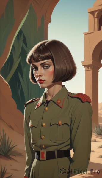 1girl,solo,looking at viewer,blush,short hair,bangs,brown hair,long sleeves,brown eyes,upper body,outdoors,parted lips,sky,day,belt,uniform,lips,military,military uniform,makeup,buttons,bob cut,grass,lipstick,epaulettes,green jacket,nose,red lips,pillar,column,standing,jacket,blue sky,military jacket,world war ii,desert