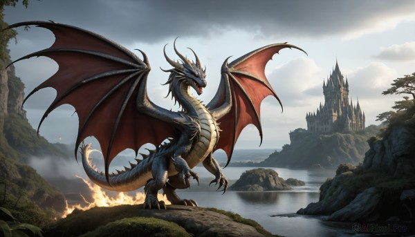 HQ,solo,open mouth,red eyes,standing,tail,outdoors,wings,horns,sky,teeth,day,tongue,cloud,water,tree,no humans,fangs,cloudy sky,fire,sharp teeth,scenery,claws,rock,mountain,fantasy,dragon,scales,river,castle,dragon wings,breathing fire,glowing,nature,spikes,forest,monster,waterfall,landscape,fog