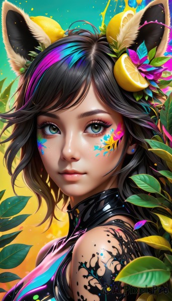 1girl,solo,long hair,looking at viewer,short hair,bangs,black hair,hair ornament,animal ears,bare shoulders,jewelry,closed mouth,green eyes,upper body,pink hair,purple hair,flower,multicolored hair,earrings,food,sleeveless,shiny,artist name,hair flower,from side,two-tone hair,lips,streaked hair,animal ear fluff,grey eyes,eyelashes,tattoo,makeup,fruit,leaf,facial mark,piercing,plant,lipstick,portrait,eyeshadow,freckles,pink lips,nose,food-themed hair ornament,eyeliner,mascara,lemon,swept bangs,watermark,dog ears,yellow background,web address,paint splatter,lemon slice