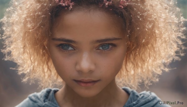 1girl,solo,looking at viewer,smile,short hair,blue eyes,blonde hair,brown hair,closed mouth,dark skin,mole,blurry,dark-skinned female,lips,looking to the side,eyelashes,mole under eye,depth of field,blurry background,looking away,portrait,freckles,curly hair,realistic,nose,afro,hat,grey eyes,light smile,close-up