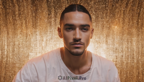 solo,looking at viewer,short hair,shirt,black hair,1boy,brown eyes,closed mouth,white shirt,upper body,male focus,dark skin,black eyes,wet,facial hair,dark-skinned male,t-shirt,wet clothes,beard,rain,realistic,mustache,stubble,wet shirt,manly,lips,expressionless,portrait,very short hair,buzz cut