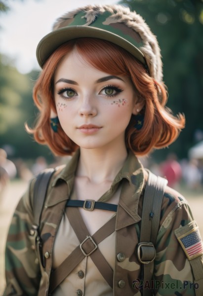 1girl,solo,looking at viewer,smile,short hair,brown hair,shirt,hat,brown eyes,jewelry,closed mouth,green eyes,collarbone,jacket,upper body,earrings,outdoors,solo focus,day,medium hair,bag,star (symbol),orange hair,blurry,uniform,lips,military,eyelashes,military uniform,depth of field,blurry background,facial mark,backpack,freckles,military hat,realistic,nose,strap,camouflage,harness,soldier,camouflage jacket,bangs,red hair,open clothes,artist name,open jacket,parted bangs,makeup,buttons,thick eyebrows,light smile,brown jacket,green headwear,facepaint,badge,american flag,mascara