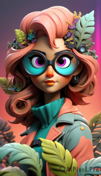 1girl,solo,long hair,looking at viewer,smile,brown hair,shirt,hair ornament,jewelry,purple eyes,jacket,upper body,pink hair,flower,earrings,open clothes,glasses,artist name,hair flower,dark skin,pink eyes,dark-skinned female,lips,gradient,eyelashes,makeup,leaf,watermark,bug,plant,lipstick,goggles,eyeshadow,freckles,black-framed eyewear,curly hair,butterfly hair ornament,closed mouth,multicolored hair,mole,blurry,two-tone hair,open jacket,turtleneck,zipper,leaf hair ornament,leaf on head