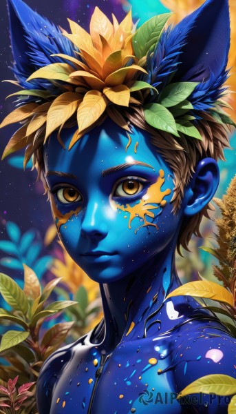 solo,looking at viewer,short hair,brown hair,1boy,animal ears,brown eyes,closed mouth,yellow eyes,upper body,flower,male focus,blurry,colored skin,leaf,plant,portrait,topless male,yellow flower,blue skin,bodypaint,hair ornament,collarbone,nude,outdoors,artist name,hair flower,lips,depth of field,blurry background,expressionless,sunlight,light particles,sunflower,facepaint,dappled sunlight,paint splatter,paint,full-body tattoo