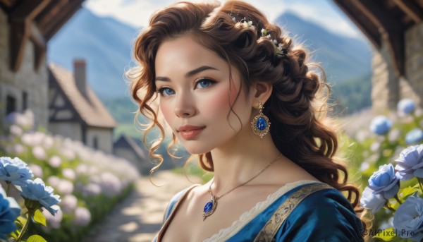 1girl,solo,long hair,looking at viewer,smile,blue eyes,brown hair,hair ornament,dress,jewelry,collarbone,upper body,flower,earrings,outdoors,sky,day,cloud,hair flower,necklace,blurry,lips,dutch angle,eyelashes,makeup,depth of field,blurry background,blue dress,wavy hair,sunlight,white flower,building,gem,portrait,pendant,freckles,blue flower,curly hair,realistic,nose,red lips,house,daisy,blush,parted lips