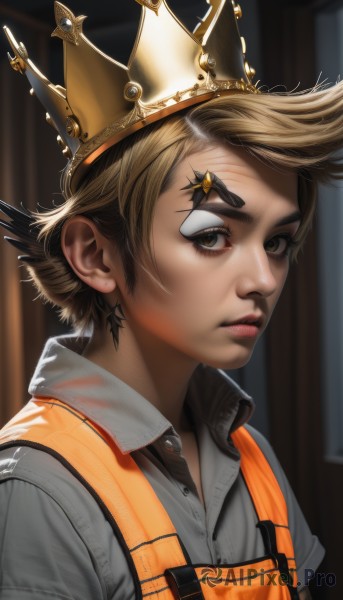 1girl,solo,looking at viewer,short hair,blonde hair,brown hair,shirt,1boy,brown eyes,jewelry,closed mouth,white shirt,upper body,short sleeves,male focus,earrings,collared shirt,star (symbol),blurry,lips,blurry background,thick eyebrows,crown,grey shirt,androgynous,freckles,realistic,nose,overalls,artist name,signature,vest,eyelashes,makeup,spiked hair