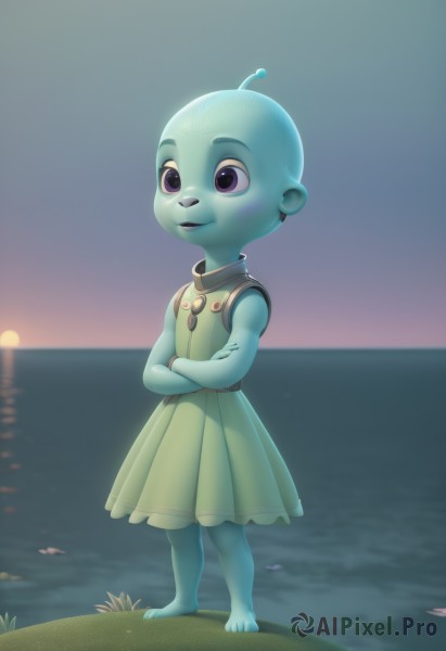 1girl,solo,smile,open mouth,dress,jewelry,standing,purple eyes,full body,outdoors,barefoot,sleeveless,artist name,signature,water,necklace,sleeveless dress,colored skin,ocean,beach,crossed arms,child,furry,green dress,sunset,blue skin,furry female,antennae,female child,bald,shell,alien,1boy,male focus