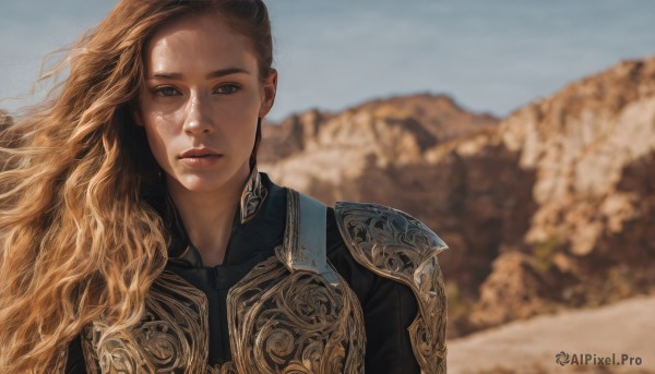 1girl,solo,long hair,looking at viewer,blue eyes,blonde hair,brown hair,brown eyes,upper body,outdoors,parted lips,sky,day,armor,blurry,blue sky,lips,blurry background,wavy hair,wind,portrait,freckles,curly hair,mountain,realistic,desert,depth of field,sunlight,shoulder armor