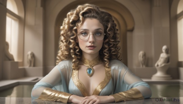 1girl,solo,long hair,breasts,looking at viewer,blue eyes,brown hair,dress,cleavage,jewelry,medium breasts,closed mouth,upper body,small breasts,glasses,choker,indoors,necklace,blurry,lips,see-through,grey eyes,window,blurry background,watermark,gem,pendant,curly hair,realistic,round eyewear,bracer,neck ring,statue,parted lips,wavy hair,table,sunlight,semi-rimless eyewear,forehead,backlighting,light rays,nose,fine art parody