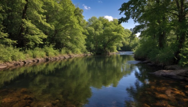 outdoors,sky,day,cloud,water,tree,blue sky,no humans,grass,nature,scenery,forest,reflection,rock,bush,river,landscape,lake,reflective water