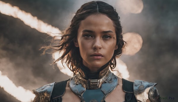 1girl,solo,looking at viewer,short hair,blue eyes,brown hair,black hair,closed mouth,upper body,cloud,dark skin,medium hair,armor,dark-skinned female,lips,portrait,science fiction,realistic,nose,brown eyes,jewelry,earrings,wind