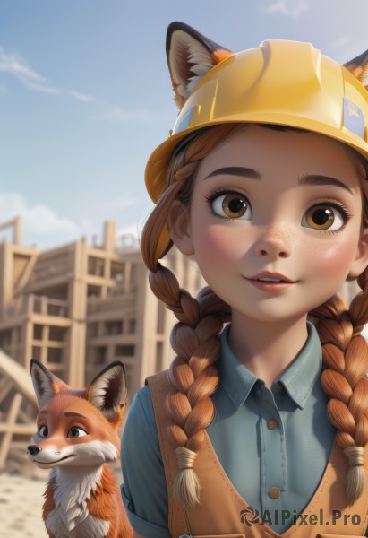 1girl,solo,long hair,looking at viewer,blush,smile,brown hair,shirt,hat,animal ears,twintails,brown eyes,upper body,braid,outdoors,parted lips,sky,teeth,day,collared shirt,artist name,blurry,vest,twin braids,blue sky,lips,fox ears,blurry background,animal,watermark,thick eyebrows,blue shirt,fox girl,web address,freckles,ears through headwear,fox,yellow headwear,bangs,short sleeves,cloud,buttons,helmet,building,hair over shoulder