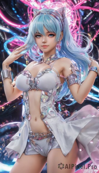 1girl,solo,long hair,breasts,looking at viewer,smile,bangs,blue eyes,large breasts,navel,animal ears,cleavage,bare shoulders,jewelry,medium breasts,blue hair,cowboy shot,hairband,earrings,shorts,cat ears,bracelet,lips,short shorts,fake animal ears,armlet,white shorts,realistic,dress,closed mouth,standing,midriff,belt,artist name,watermark,nose